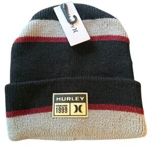 Hurley Black Gray Red Striped Beanie One Size